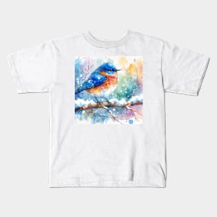 Colorful little blue bird sitting on a tree branch Kids T-Shirt